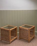 Load image into Gallery viewer, KEPT London Pair of woven and bamboo side tables with glass
