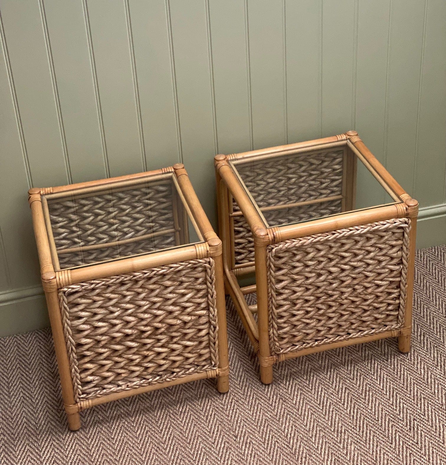 KEPT London Pair of woven and bamboo side tables with glass