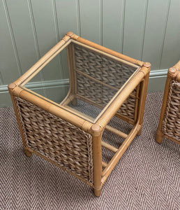 KEPT London Pair of woven and bamboo side tables with glass