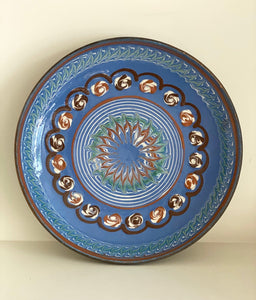 KEPT London Romanian slipware plate, blue and terracotta