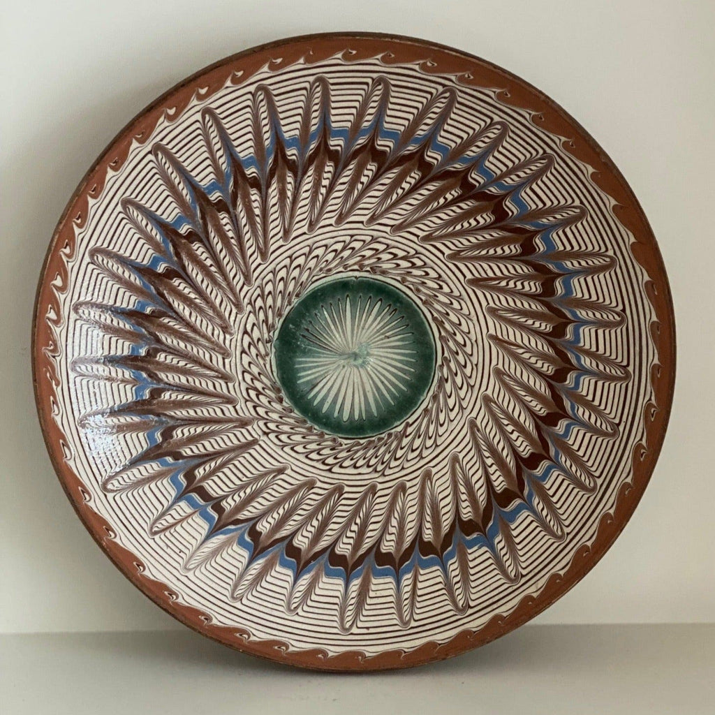 KEPT London Romanian slipware plate, white and blue