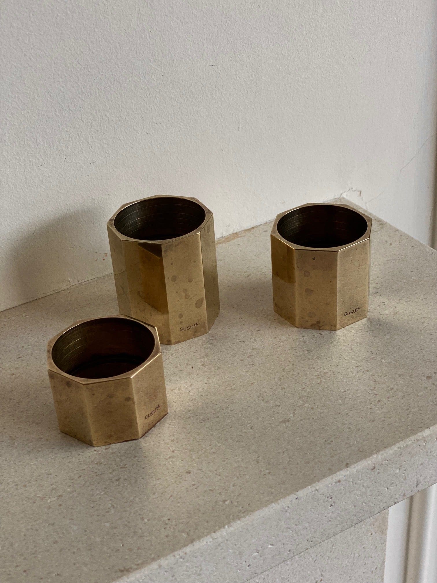 KEPT London Stock Three brass tealight holders, Gusum