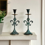 Load image into Gallery viewer, KEPT London Stock Verdigris metal candlesticks
