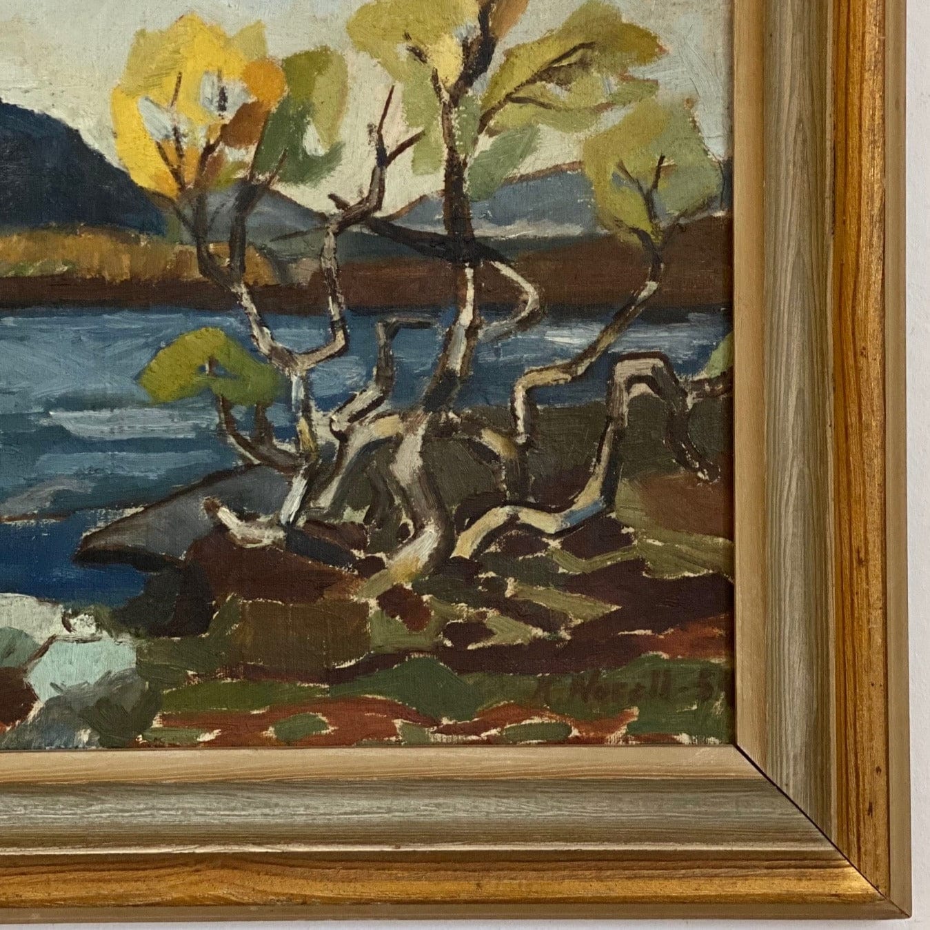 KEPT London Swedish landscape with lake, signed K. Norell, dated 1954