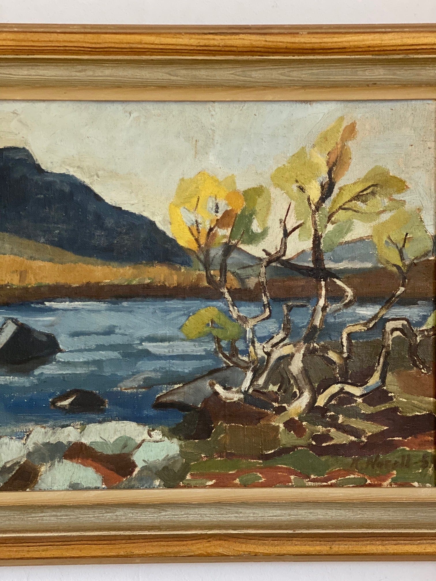 KEPT London Swedish landscape with lake, signed K. Norell, dated 1954